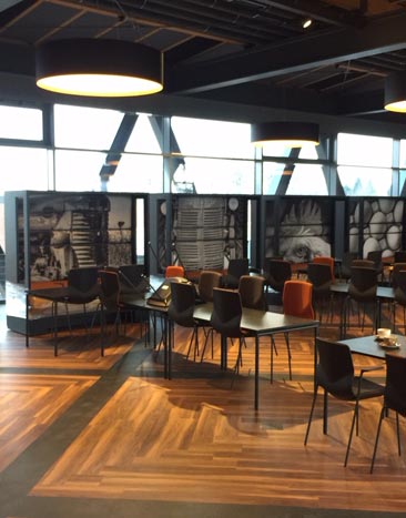 Sitzkuben mit einer bedruckten Rückwand und Sitze aus Echtleder